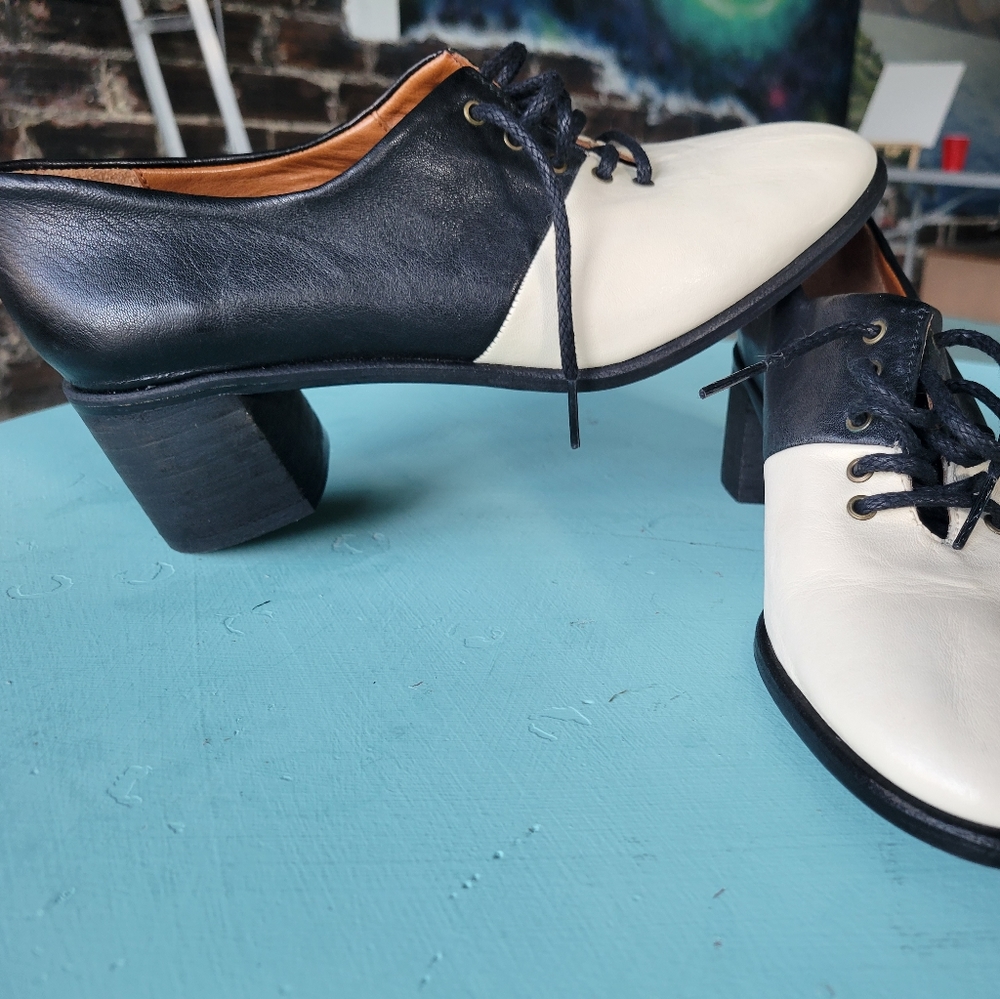 Handmade Leather Black and White Lace up Block Heels